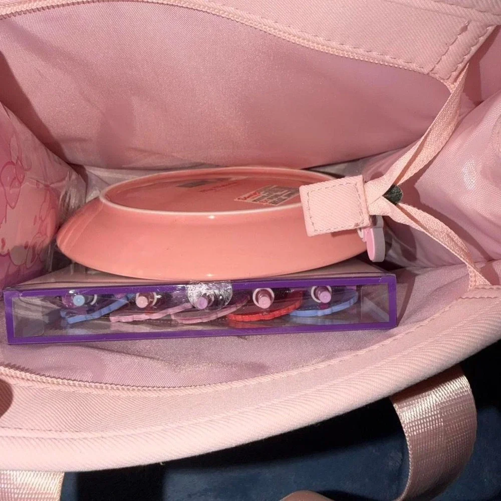 Sanrio My Melody pink lunch bag, plate, pen set, and glasses case